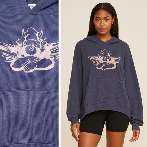 Boys Lie Swear on My Wings Waffle Knit Oversized Hoodie Indigo Blue - Picture 1 of 10